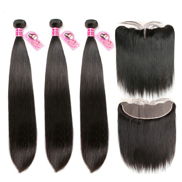 

straight human hair bundles with frontal brazilian remy hair 3bundles with 13x4 ear to ear closure 8-30" middle ratio for women, Black
