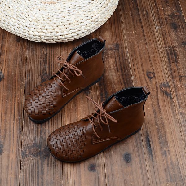 

short boots lace-up hand-knitted boots literary casual flat women's retro mori girl soft bottom comfort ankle, Black