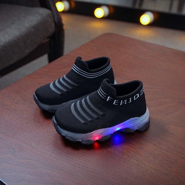 

children baby letter mesh led luminous socks sport run sneakers casual shoes luminous socks sport run sneakers casual shoes, Black