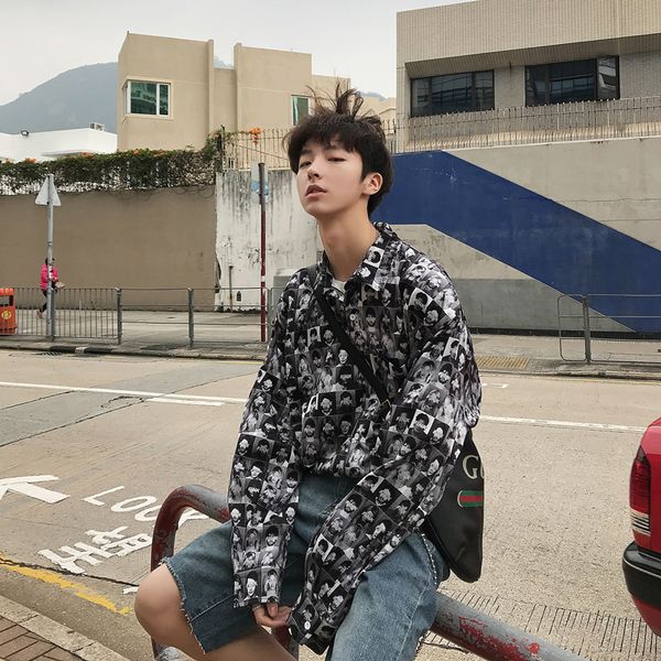 

2019 spring and autumn new trend retro hip hop shirt men long sleeve print hong kong style korean version lapel loose shirt 60cs, White;black