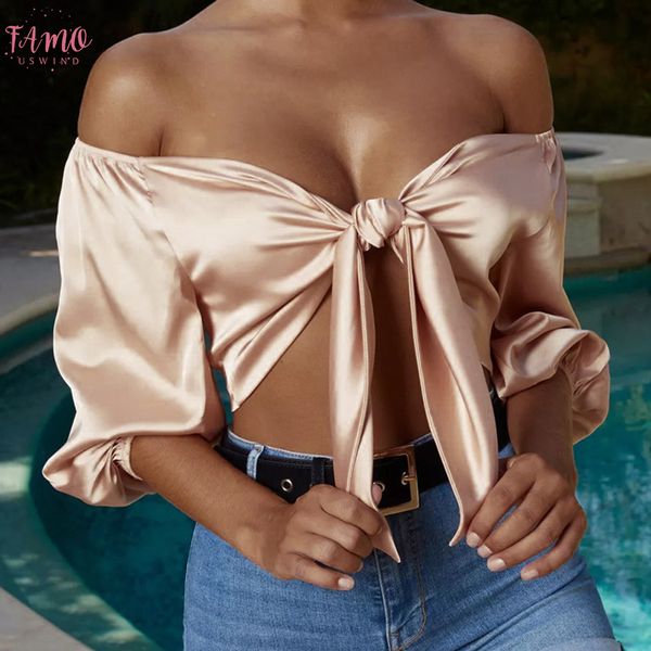 

slash neck women off shoulder 3 4 sleeve shirts bow tie t shirt summer party tee shirts satin clothes, White