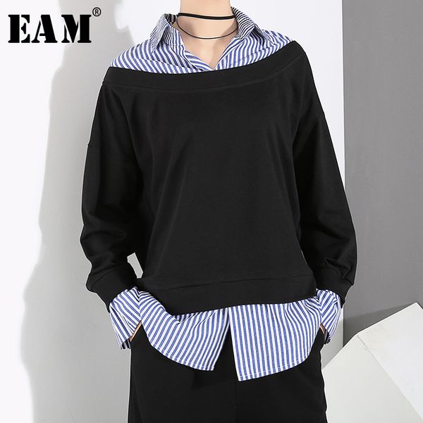 

eam] 2020 new autumn winter turn-down collar long sleeve striped spliced brief big size sweatshirt women fashion tide jy369, Black
