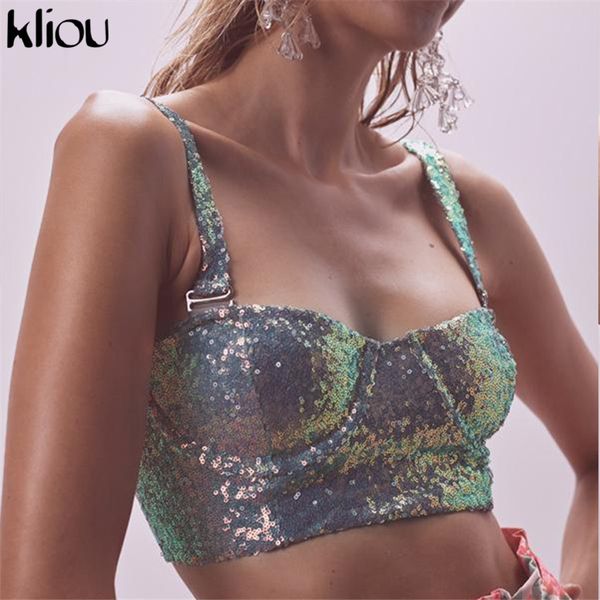 

kliou women strap shining crop camis bra with cups 2019 spring female fashion strapless back hollow out tank tees, White