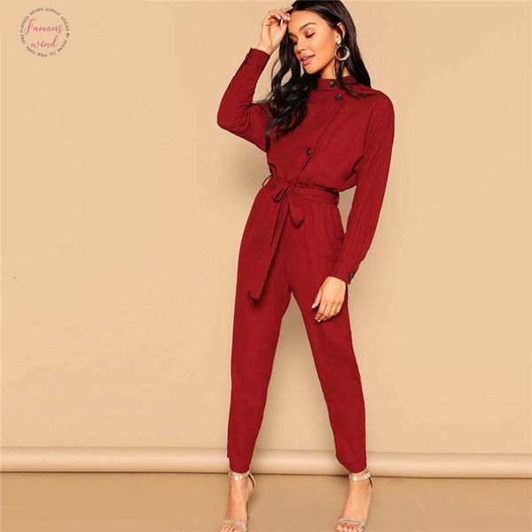 

burgundy button front self belted jumpsuit elegant long sleeve stand collar jumpsuits women autumn highstreet jumpsuit, Black;white
