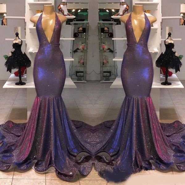 

sparkle reflective purple sequined prom dress real image deep v neck mermaid halter long evening gowns, Black;red