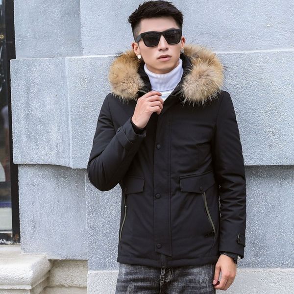 

2020 winter new fake 2 piece mens slim fit parka casual motorcycle biker windproof overcoat fur collar hoody padded down jacket, Black