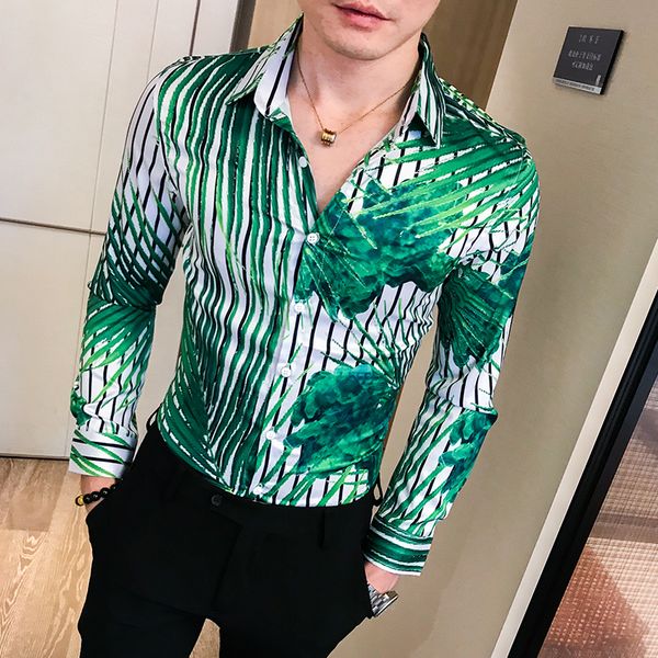 

fashion colorful men's shirt hawaiian print long sleeve 2020 new spring men slim hawaiian style men shirts, White;black