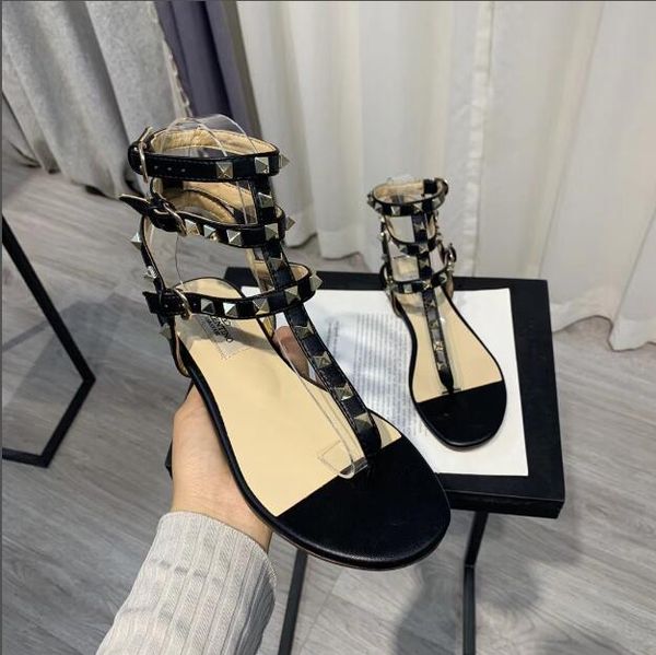 

authentic cowhide classic designer rivet women sandals luxury leather women shoes roman style casual sandals flat shoes large size 35-41, Black