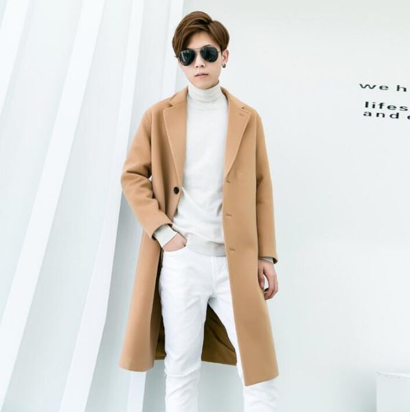 

casual woolen coat men trench coats long sleeves suit collar overcoat mens cashmere coat casaco masculino inverno erkek england, Black