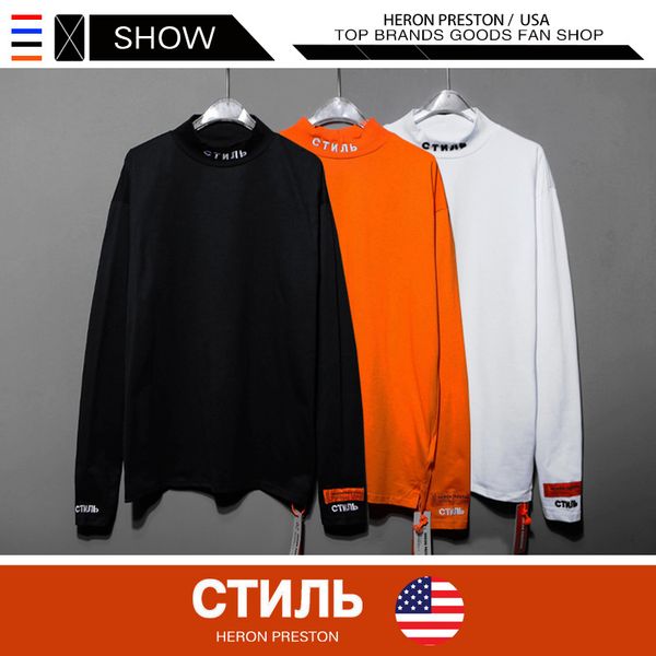 

Mens 2019 Luxury Designer Clothes Euramerican Hip-hop Popular Logo HERON PRESTON Long Shirt Pure Color T-shirt High Collar