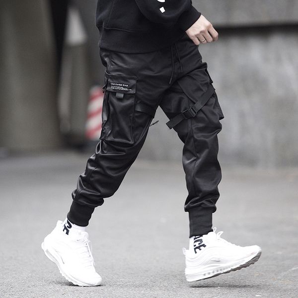 

men multi-pocket elastic waist design harem pant men streetwear punk hip hop casual trousers joggers male dancing pant, Black