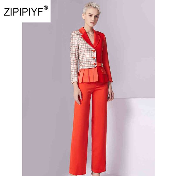 

original zipipiyf fashion women suit single breasted slim pant suits plaid notched blazer jacket +pant lady 2 piece set ab280, White