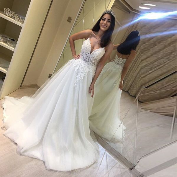 

charming illusion wedding dresses v veck spaghetti straps appliques bridal gowns a line sweep train bridal gowns customize, White
