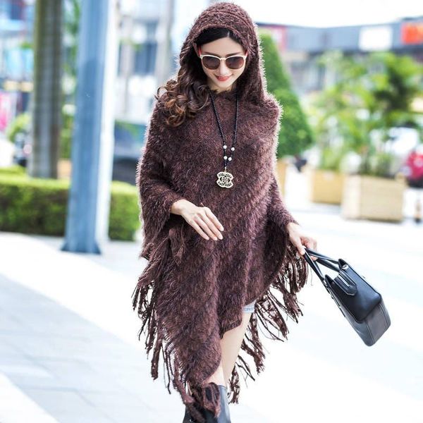 

2019 autumn winter women mohair tassel hollow out hooded knitwear cape female oversize pullover sweater shawl chaqueta k157, Black