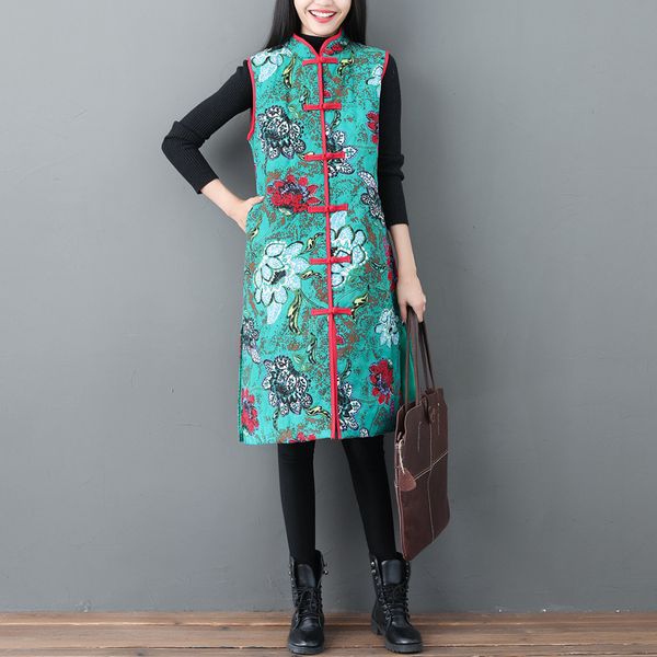 

p shoot autumn and winter new style ethnic-style cotton linen printed plus cotton waistcoat outer vest, Blue;black