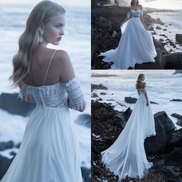 

chic bohemian spaghetti strap a line chiffon wedding dress lace court train beaded short sleeve beach bridal gown, White