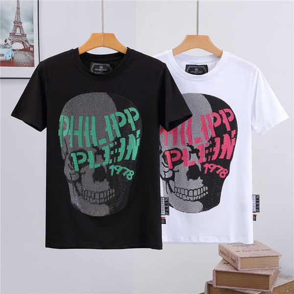 

new mens brand neck cotton t-shirts short sleeve print sequins tshirt designer tees males fashion ghost head crystal tees hip hop, White;black