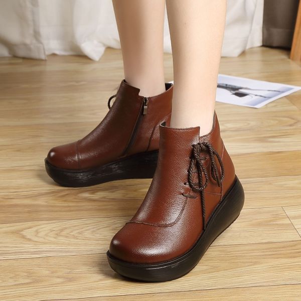 

vintage genuine leather ankle boots women platform short boots for women 2019 winter warm ladies shoes black brown