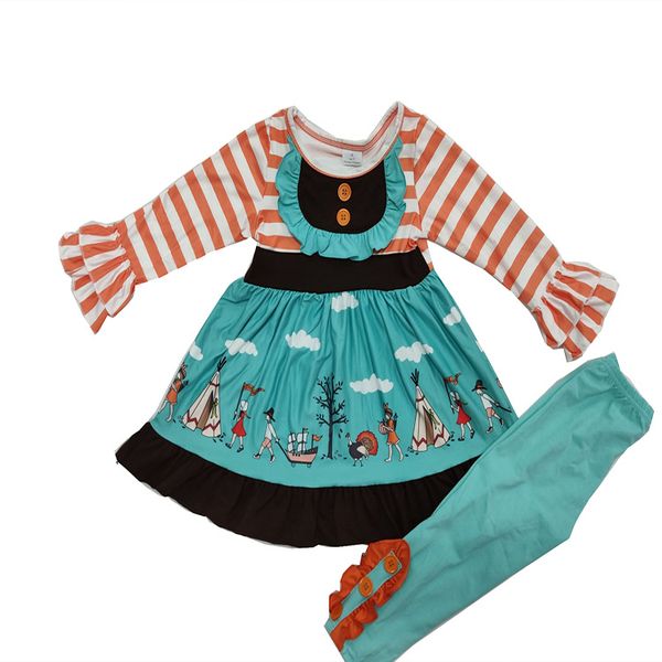 

children's boutique outfit long sleeve orange striped green cartoon dress and pants fall baby girls clothes, White