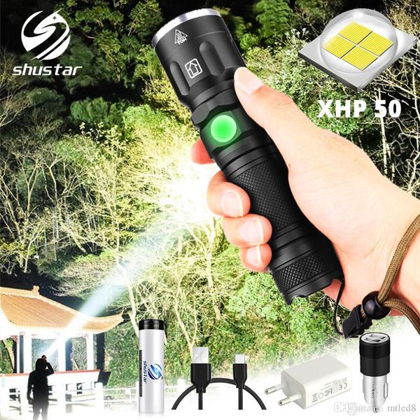 Superhelle XHP50 LED-Taschenlampe, wasserdicht, 5 Beleuchtungsmodi, zoombare Taschenlampe. Verwenden Sie 18650 oder 26650 Akku für Outdoor-Abenteuer