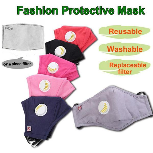 

Multi Colors WashableReusable Cotton Face Masks With Breath Valve PM2.5 Mouth Mask Anti-Dust Fabric Mask With Filter Unisex FY0016