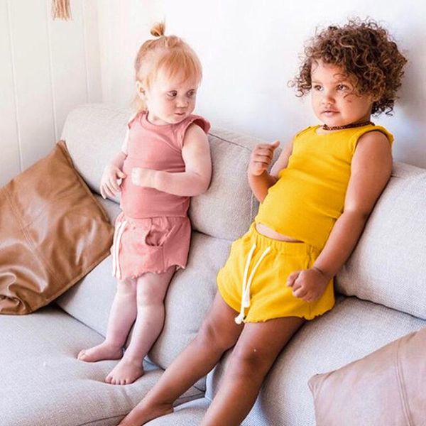 

girls clothing suit solid color vest/shorts ruffles pleated cuffs fashion design comfortable cotton blend girl costume, White