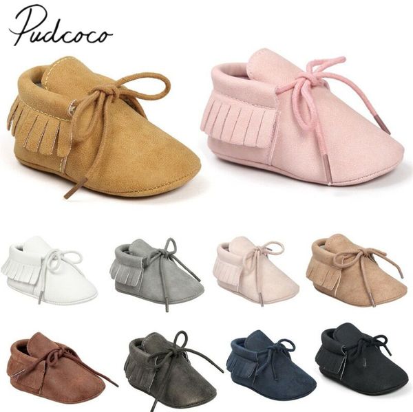 

2019 детские ходунки первый новорожденный мода pu мокасины кисточкой обувь мальчик девочка пледики подошва из кожи soft solid color обувь