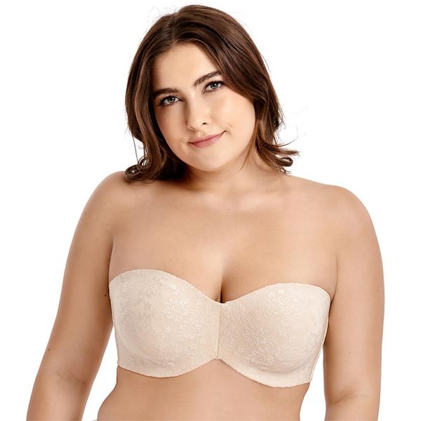 

women's full coverage floral jacquard non-padded underwire minimizer multitway strapless bra, Red;black