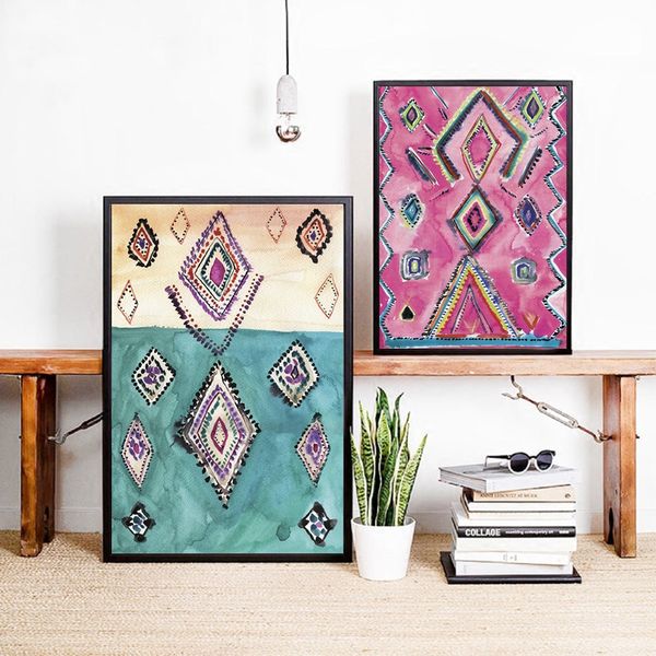

moroccan rug art prints boho wall decor eclectic poster , watercolor pink eclectic canvas painting modern bohemian home wall art