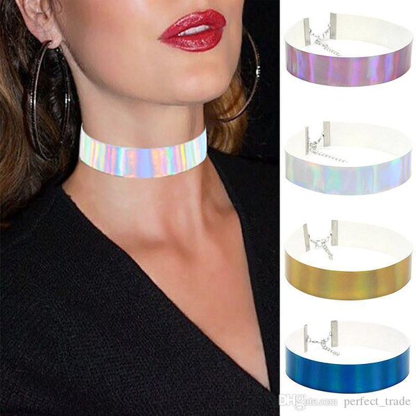 

fashion choker necklace laser leather collar designer necklace clavicle chain choker holographic women necklace street shoot sale, Blue;red