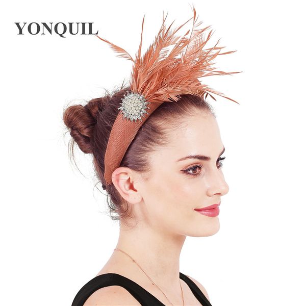 

dark peach women elegant headbands fascinators wedding ladies fancy feathers hair bands accessories gorgeous headwear cocktail