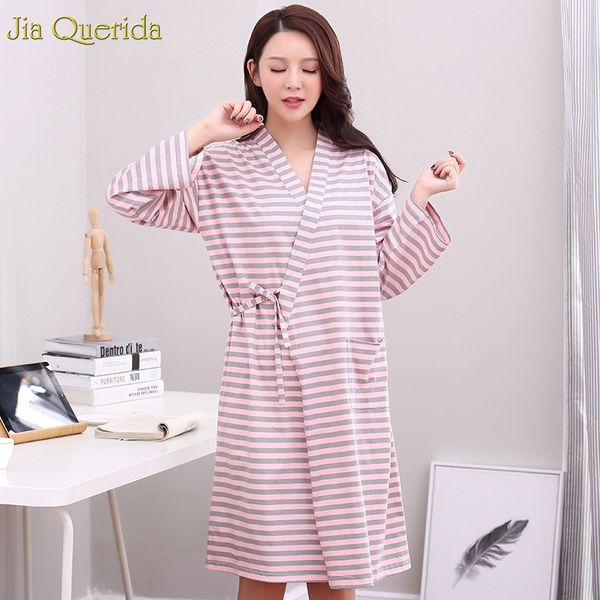 

kimono robes for women lady striped pink pocket v-neck cardigan 100%cotton long sleeves nightwear sleepwear bathrobe night robes, Black;red