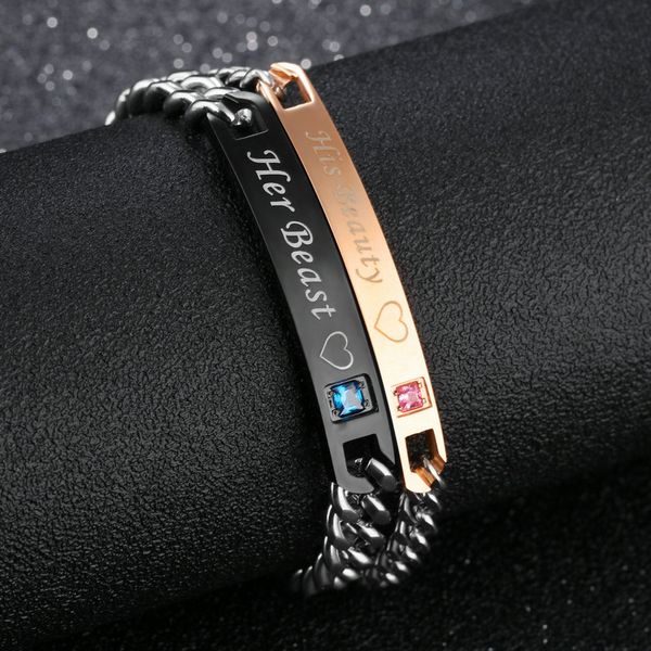 

fashion silver love bangle men women her king his queen couple bracelets titanium steel crystal crown charm wedding bracelets, Black