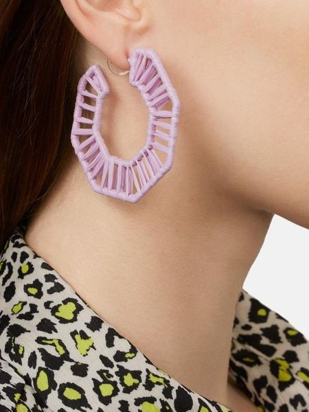 

trendy fashion handmade raffia hoop earrings geometric hexagon or round hoop earrings summer rainbow for woman, Golden;silver