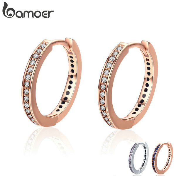 

bamoer 100% 925 sterling silver 4 color simple gold color clear cz female hoop earrings for women fashion jewelry gift pas530, Golden;silver