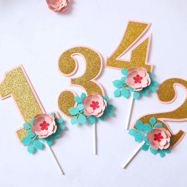 

1pcs glitter gold 1 2 3 4 5 6 7 8 9 numbers gold flower cupcake ers baby girls boys birthday cake er picks