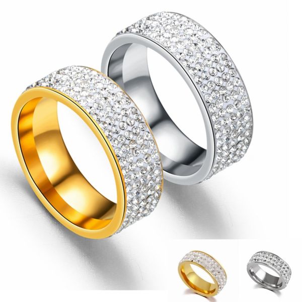 

stainless steel diamond-studded couple ring european and american fashion five-row full diamond gold ring