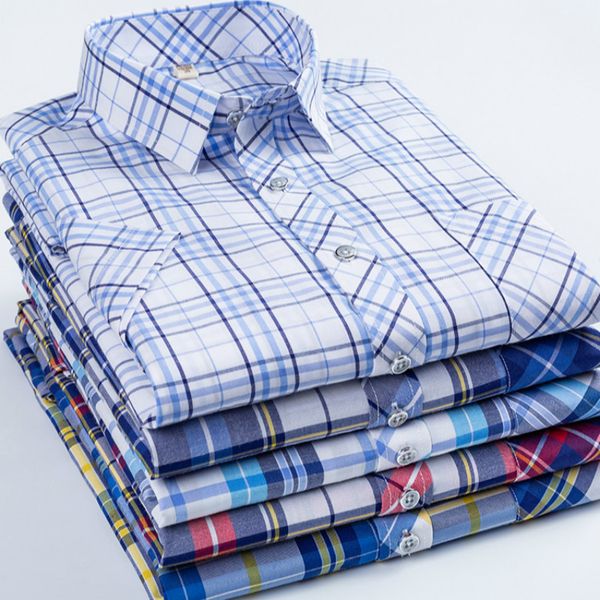 

2019 new high-quality oxford casual men's casual plaid male social shirts 100% cotton short-sleeved men dress shirts size -5 xl, White;black