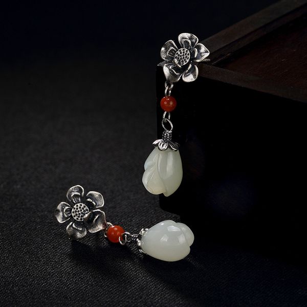 

2018 promotion fashion brinco s925 pure natural hetian jade south inlaid plum blossom lady high-end earrings wholesale, Golden;silver
