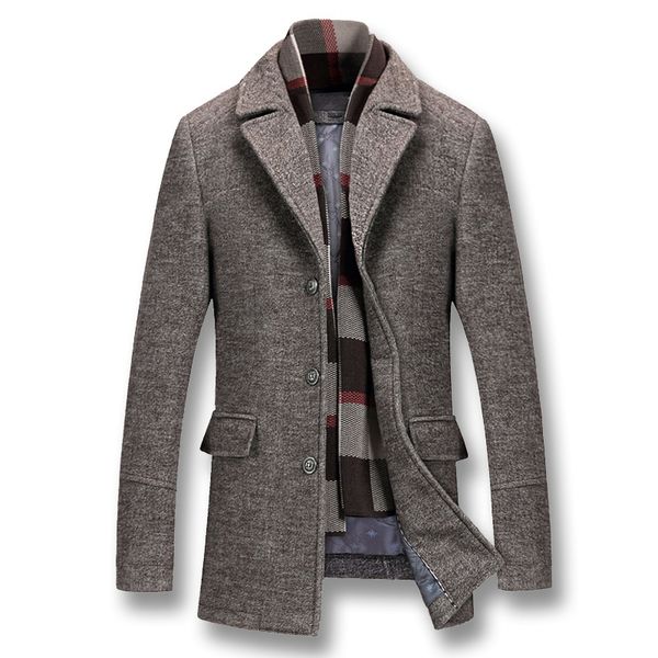 

wool coat for men's winter coats thick cotton wool jackets male casual fashion slim fit long jacket scarf men outwear plus size, Black