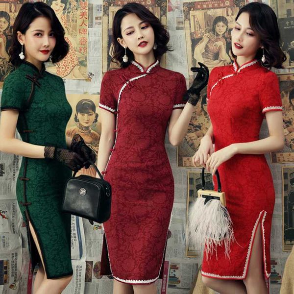 

jacquard cotton elegant cheongsam woemn mid-length cheongsam lace peony red daily modern chinese dress