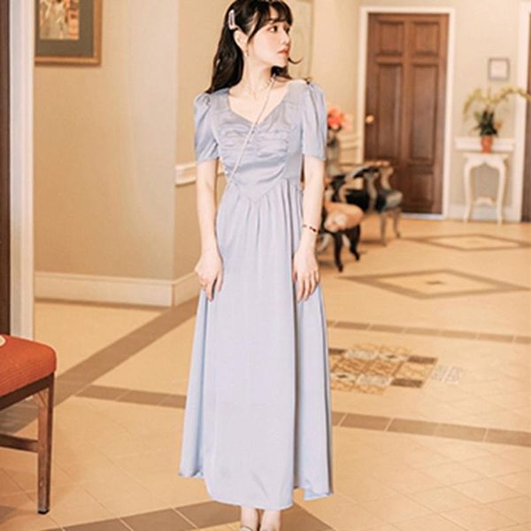 

fashion the new v-neck wrinkle bubble sleeves waist down dress ing, Black;gray