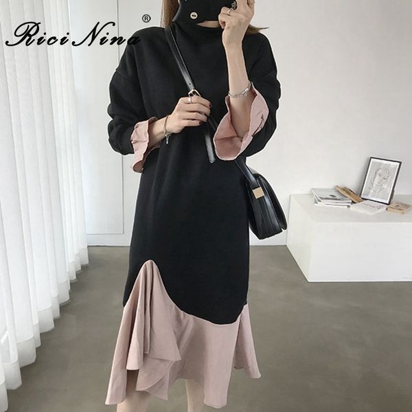 

ricinina sweatshirt dress women long sleeve ruffles patchwork irregular casual women dress spring maxi dresses for ladies 2020, Black;gray