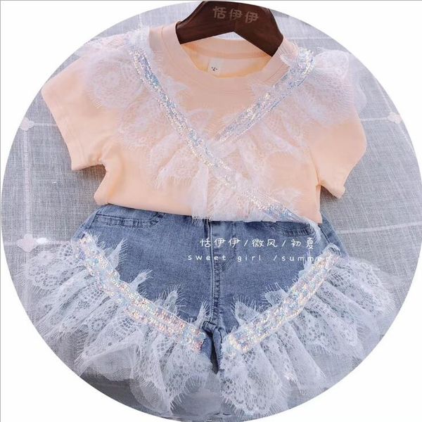 

2020 girls patchwork t-shirt fashion cotton lace summer girls 3-8t f141, Blue