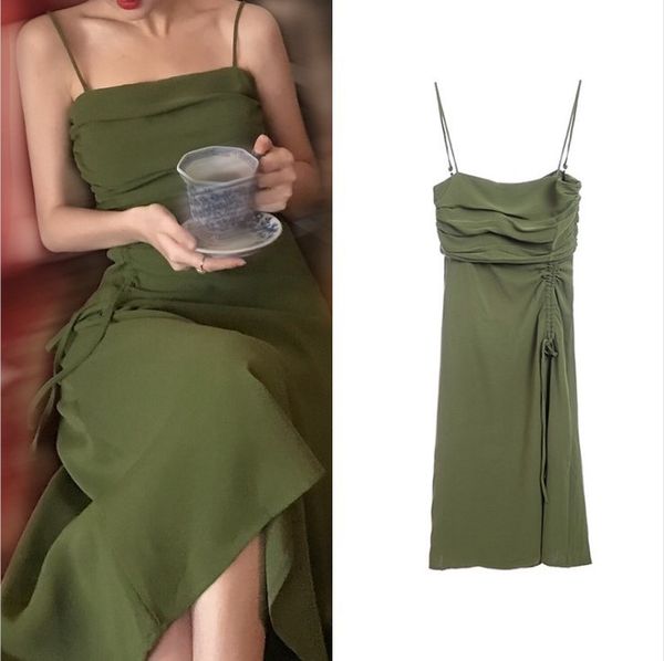 Weinlese faltete Hosenträgerrock der in langen Punkt dünne grundiert dunkelgrün eingewickelt Brust Kleid neue Art des Sommers Röcke Kleider