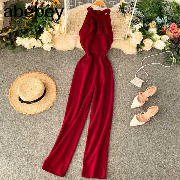 

slim halter шея летняя мода оборками бак полнометражный комбинезон с высокой талией вскользь женщины без рукавов элегантный пассущий ползуно, Black;white