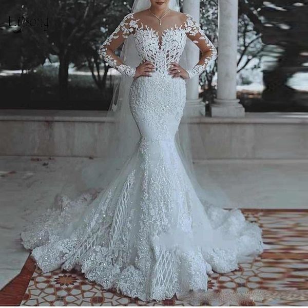 

elegant muslim lace wedding dresses 2020 new full sleeves beaded long bridal gowns suadi arabic wedding gowns vestido de noiva, White