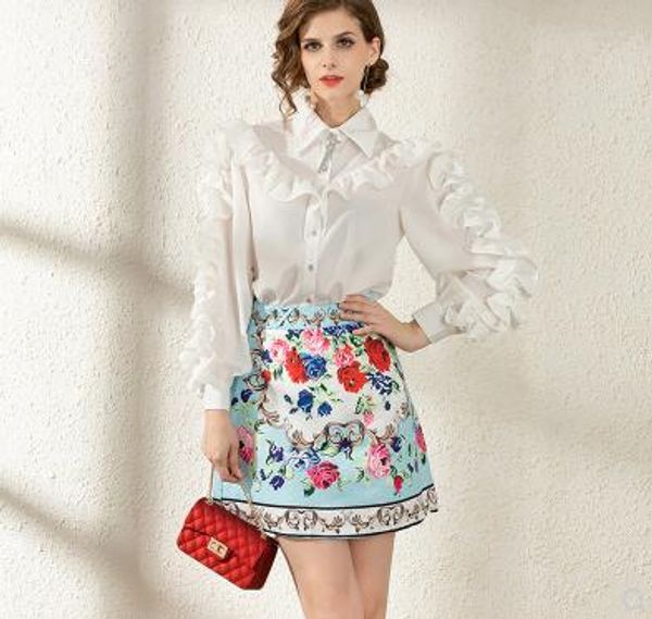 Novo design feminino gola virada para baixo manga longa babados patchwork blusa branca e saia curta flor estampada terno twinset