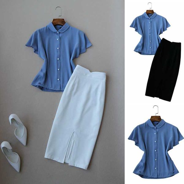 

women summer elegant clothing set office lady batwing short sleeve chiffon shirt and high waist skirt one set, White