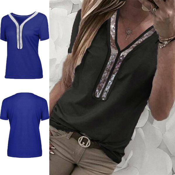

2019 women new loose casual summer v-neck solid short sleeve t-shirt, White
